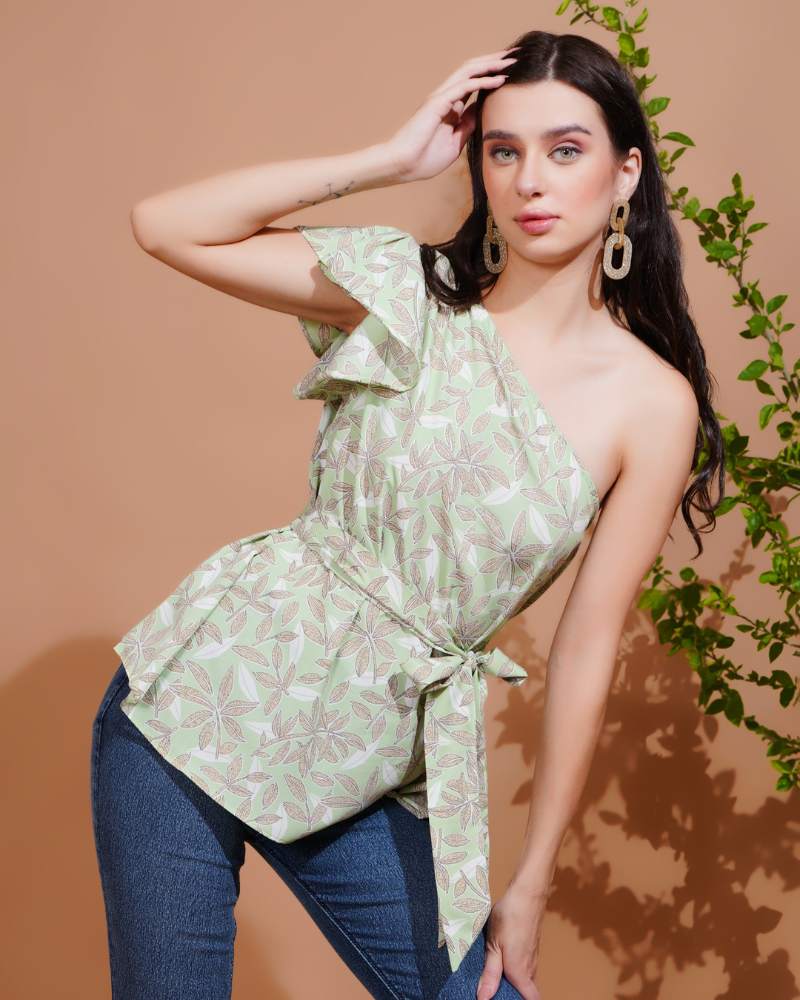 Green flora one-shoulder elegance top