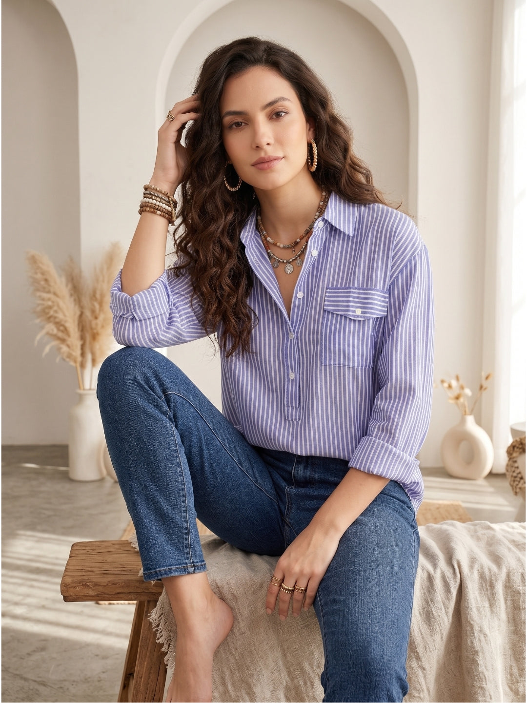 Wisteria stripe popover oversize shirt
