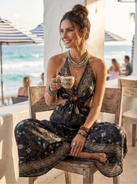 Shadow bloom halter boho maxi dress
