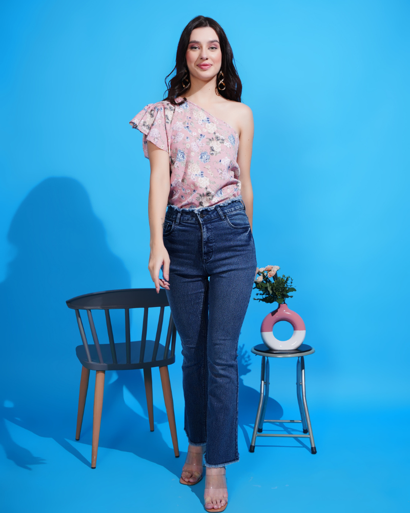 Pink flora one-shoulder beauty top