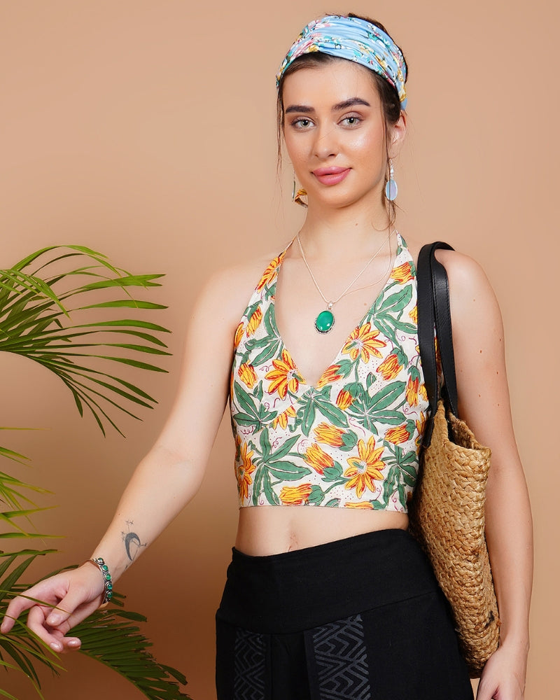 Sunlit blooms cotton halter neck crop top