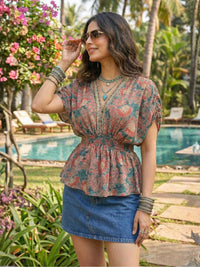 Aurelle coral meadow boho peplum top