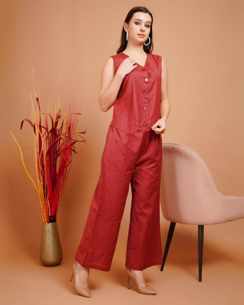 Rustic maroon cotton waistcoat co-ord set