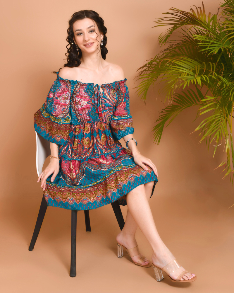 Mira teal breeze off-shoulder mini dress