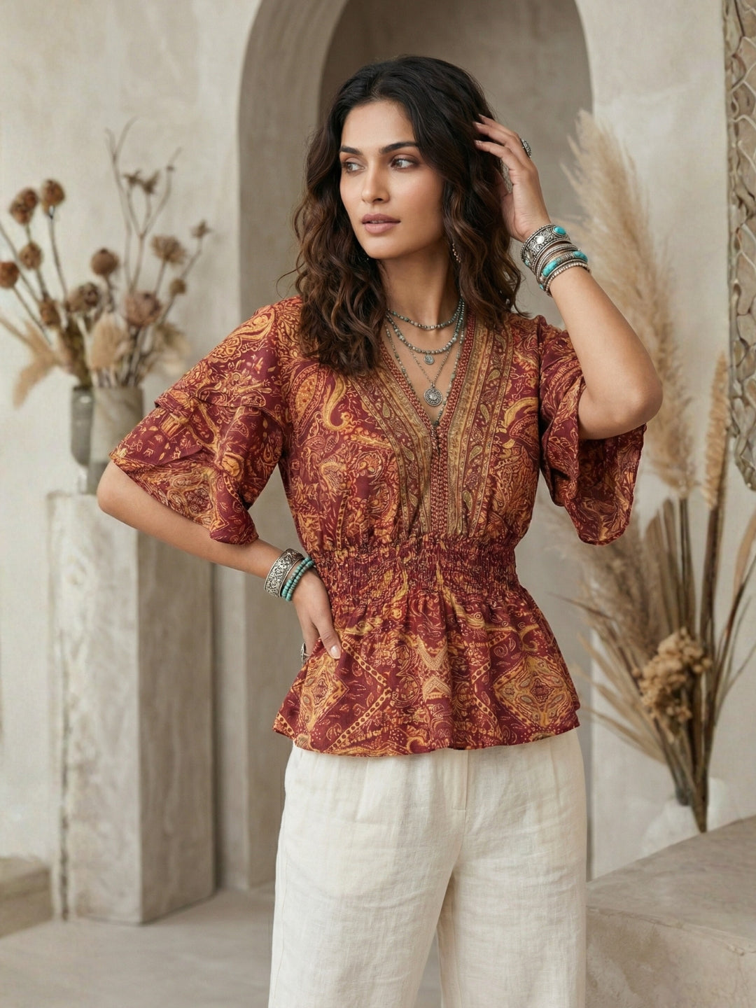 Marzella amber paisley boho peplum top