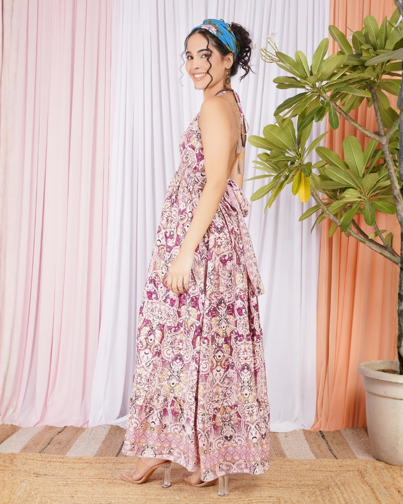 Lunara roseplum halter maxi dress