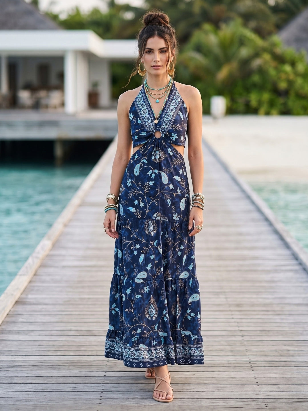 Midnight cove halter maxi dress