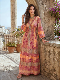 Evelina sangria sunset boho maxi dress