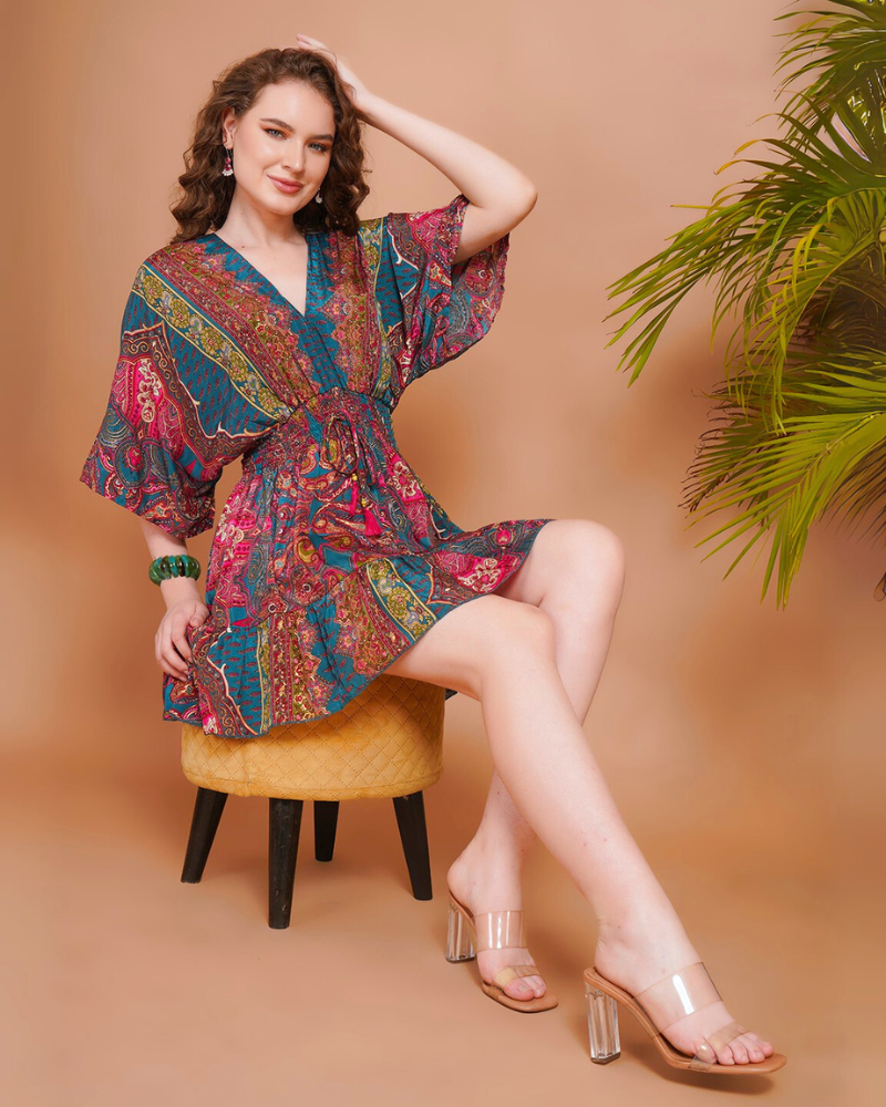Liora teal bloom kimono mini dress