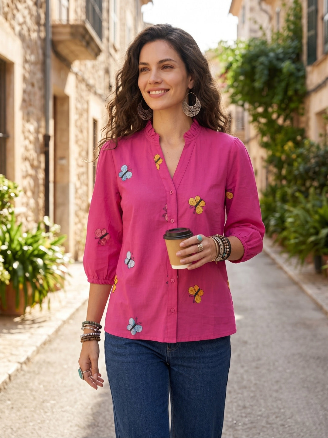 Zinnia bougainvillea embroidered boho shirt