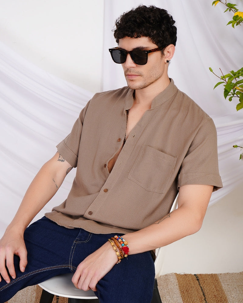 Keaton sandstone drift mandarin cotton shirt