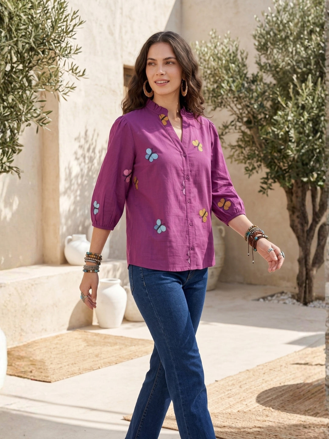 Elodie wild berry embroidered boho shirt