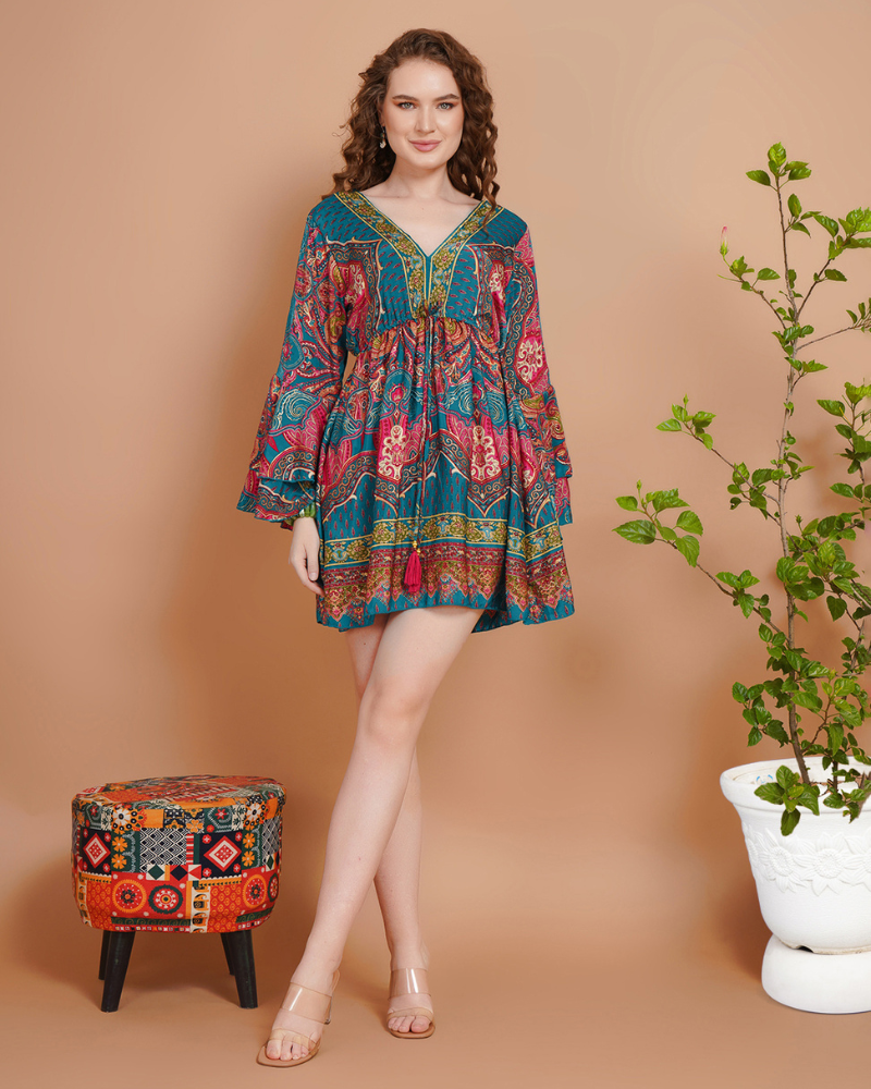 Wanderblush short dress with bell sleeves