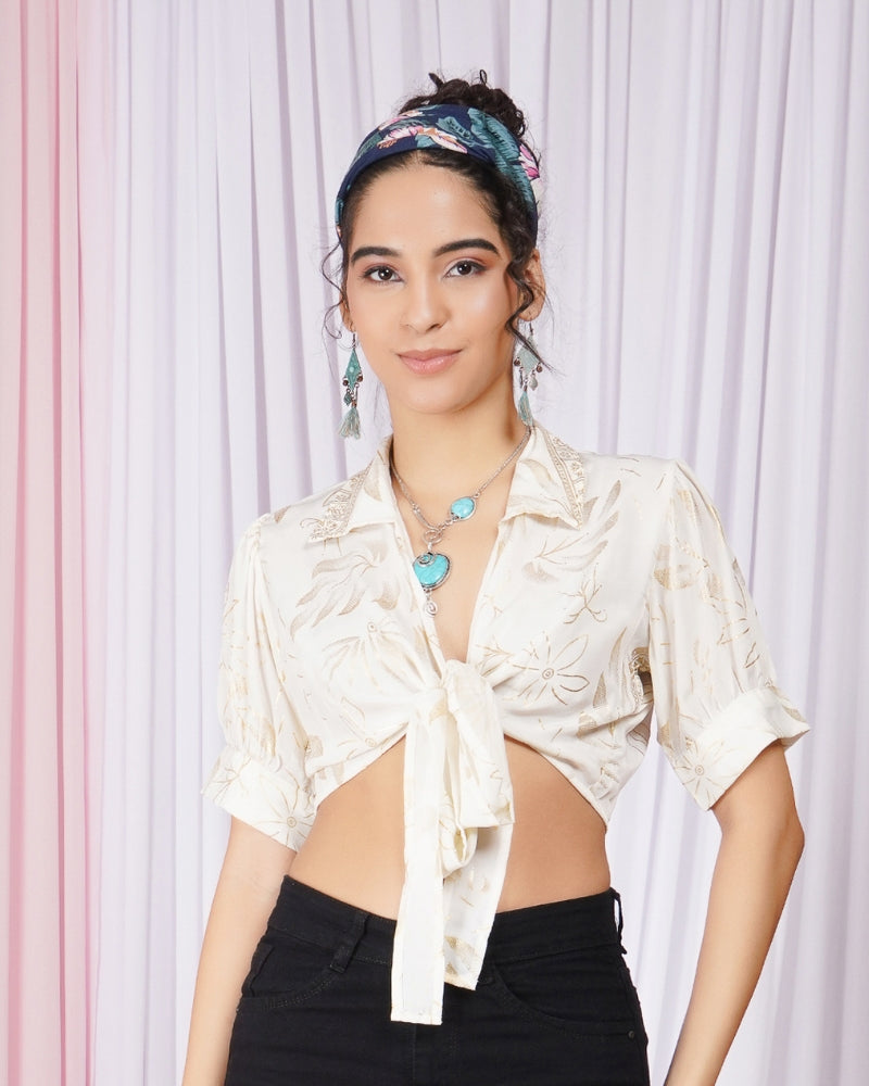 Liora soft-ivory collar wrap top