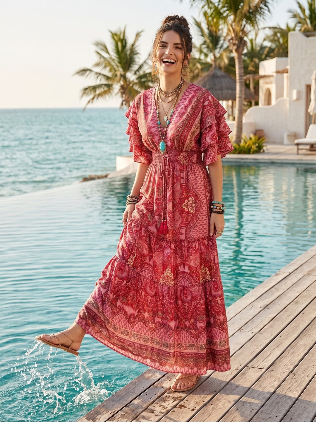 Raspberry rose tiered maxi dress