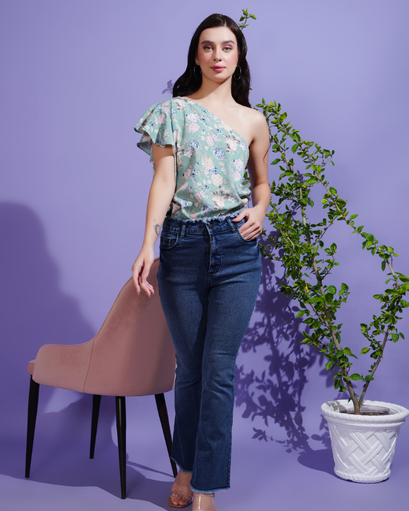 Floral glow one-shoulder green top