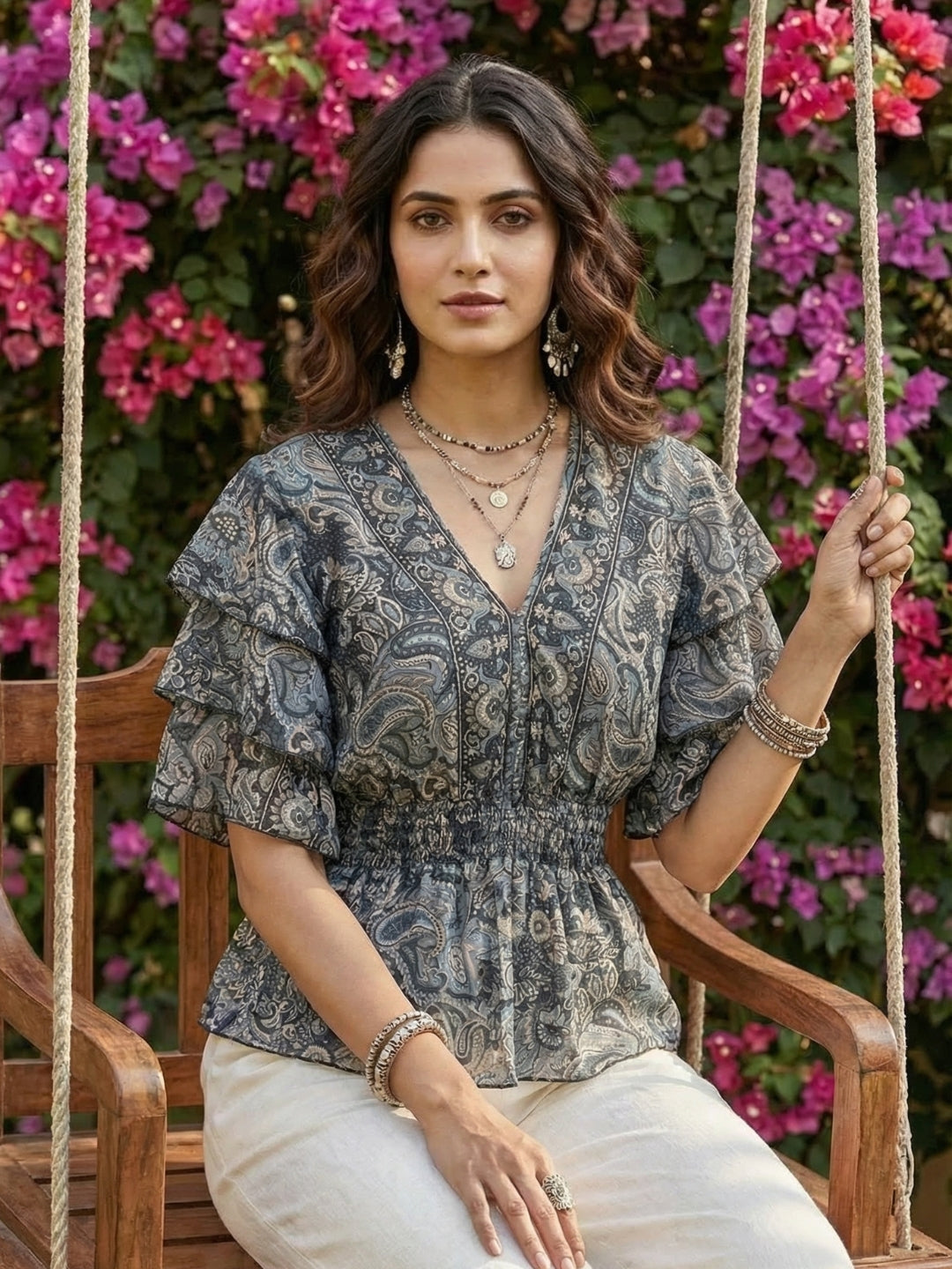 Kaelith smoky paisley peplum top