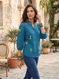 Aegean teal embroidered boho shirt