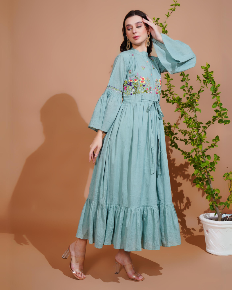 Green floral grace hand embroidered maxi