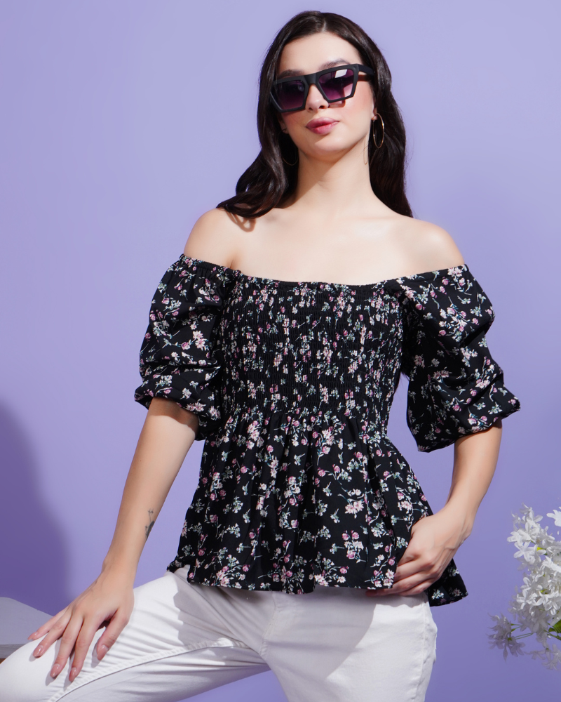 Black blossom smocked peplum stunner top