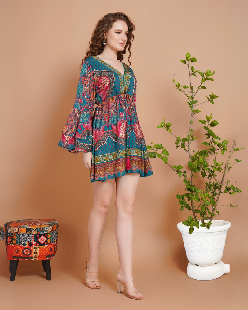 Wanderblush short dress with bell sleeves