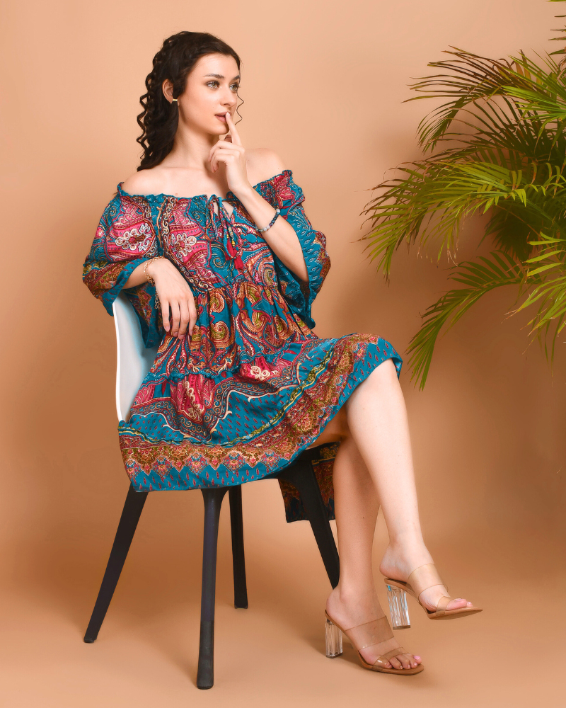 Mira teal breeze off-shoulder mini dress