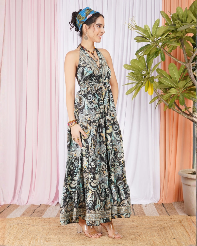 Mirella midnight halter maxi dress