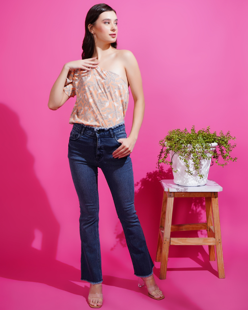 Floral fantasy one-shoulder peach top