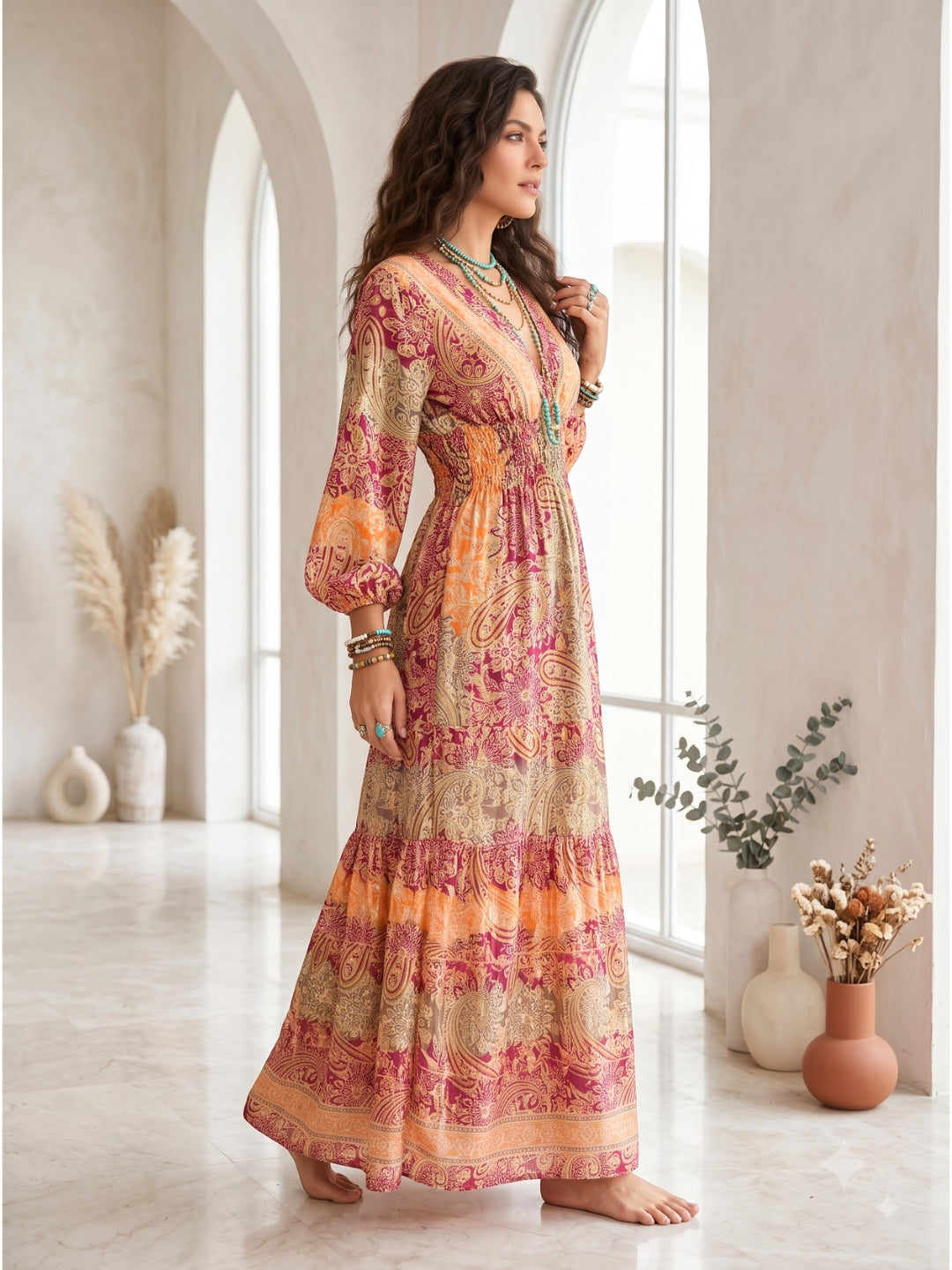 Evelina sangria sunset boho maxi dress