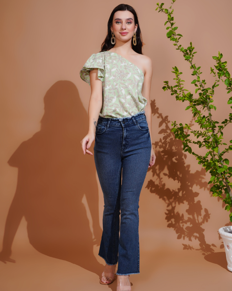 Green flora one-shoulder elegance top