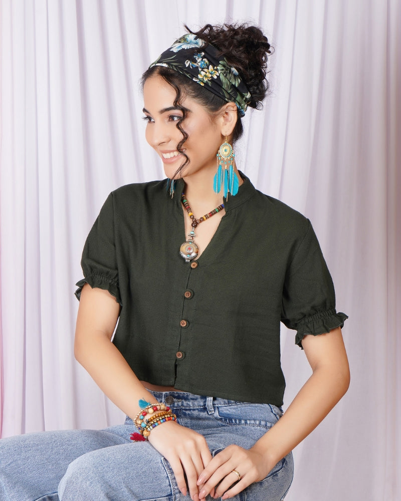 Maribel moss-green button down top