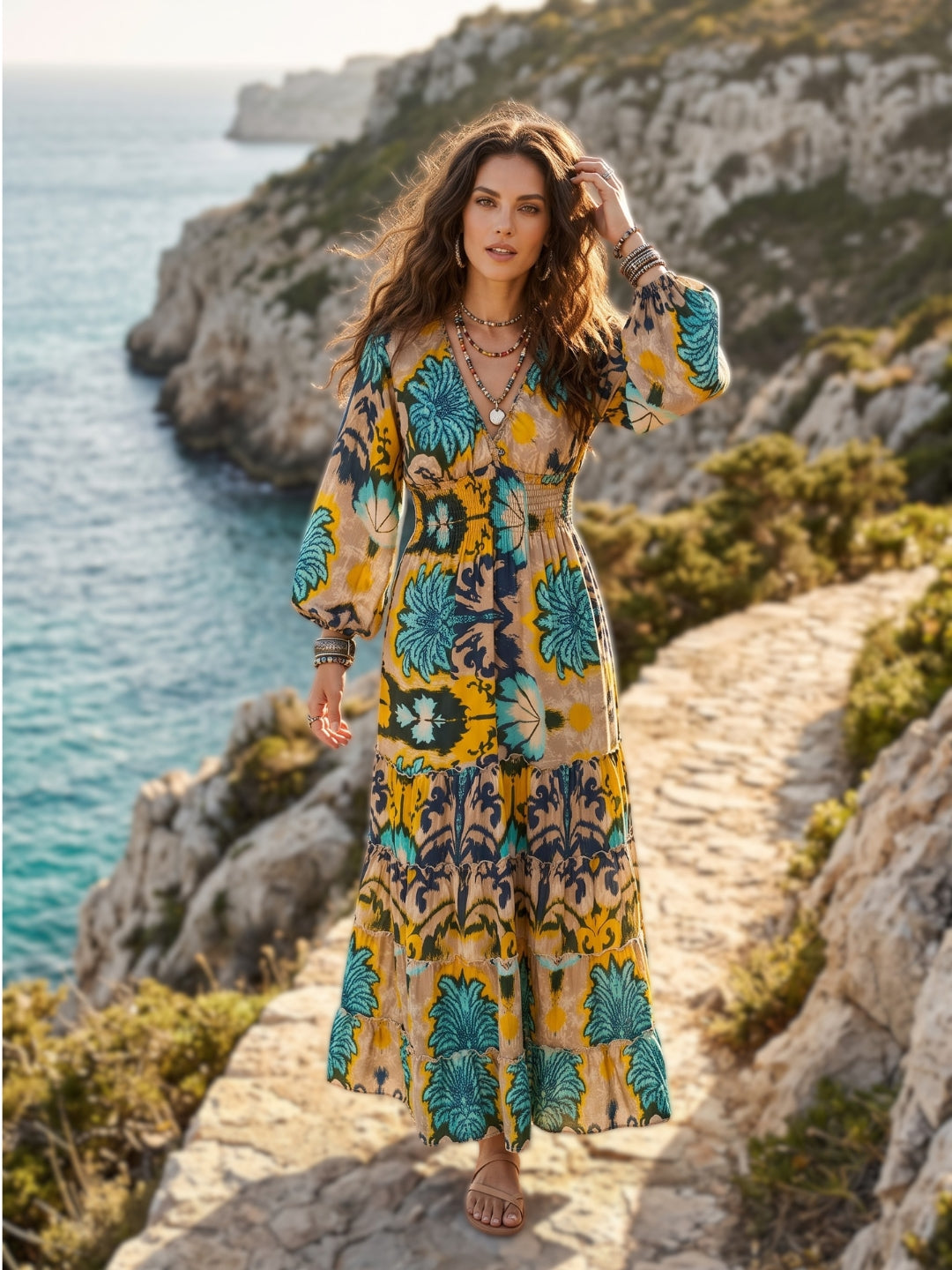 Turquoise marigold boho maxi dress