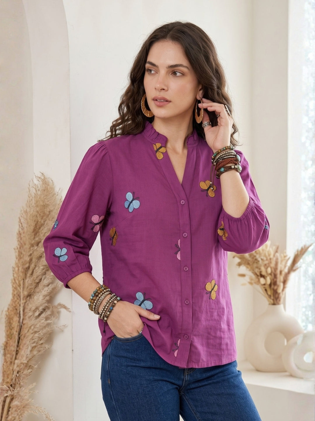 Elodie wild berry embroidered boho shirt
