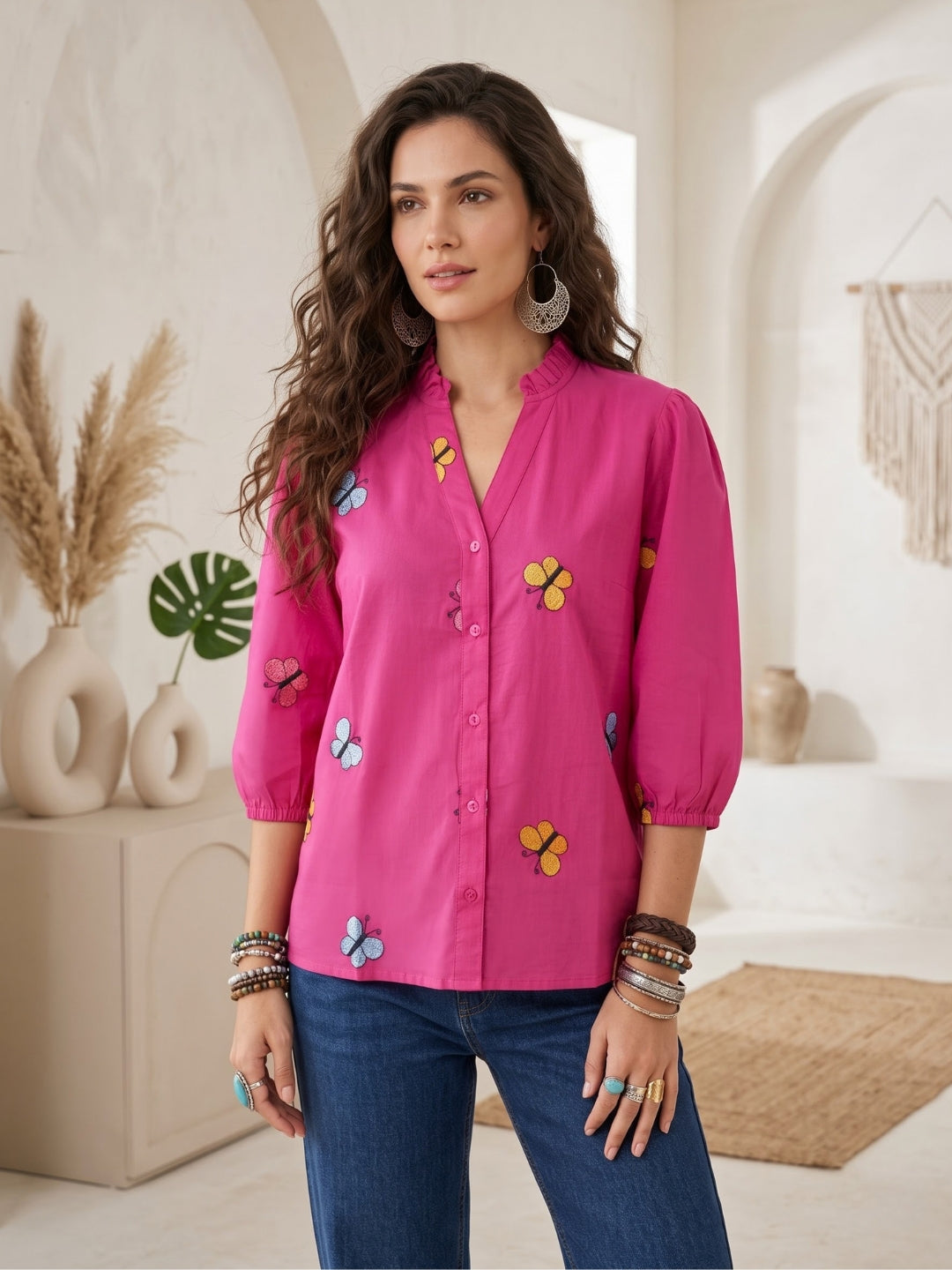 Zinnia bougainvillea embroidered boho shirt