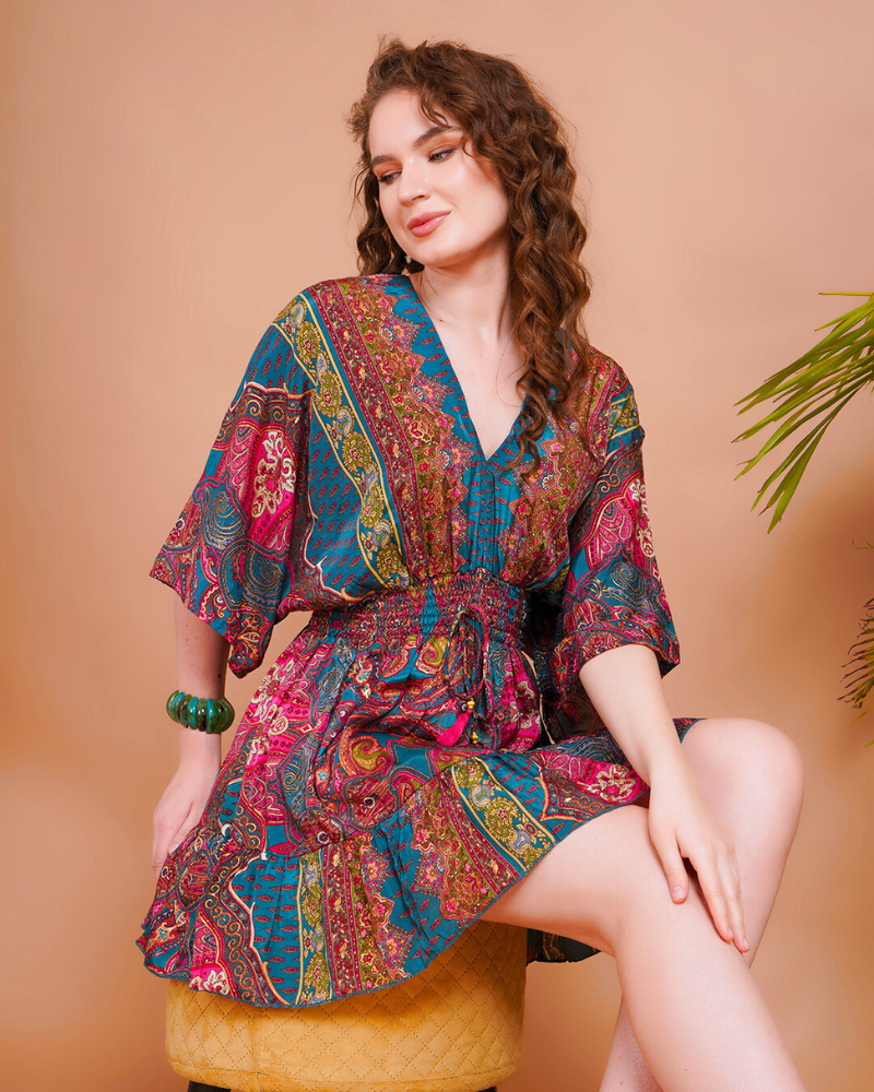 Liora teal bloom kimono mini dress
