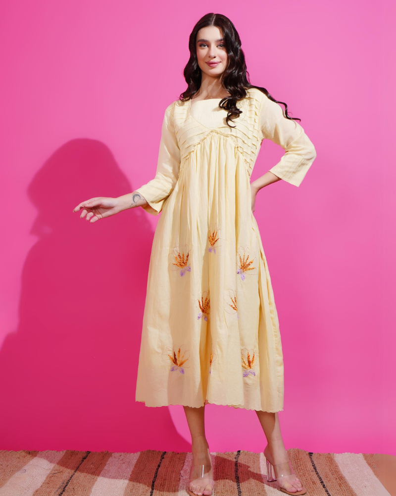 Sunlit elegance hand-embroidered midi dress