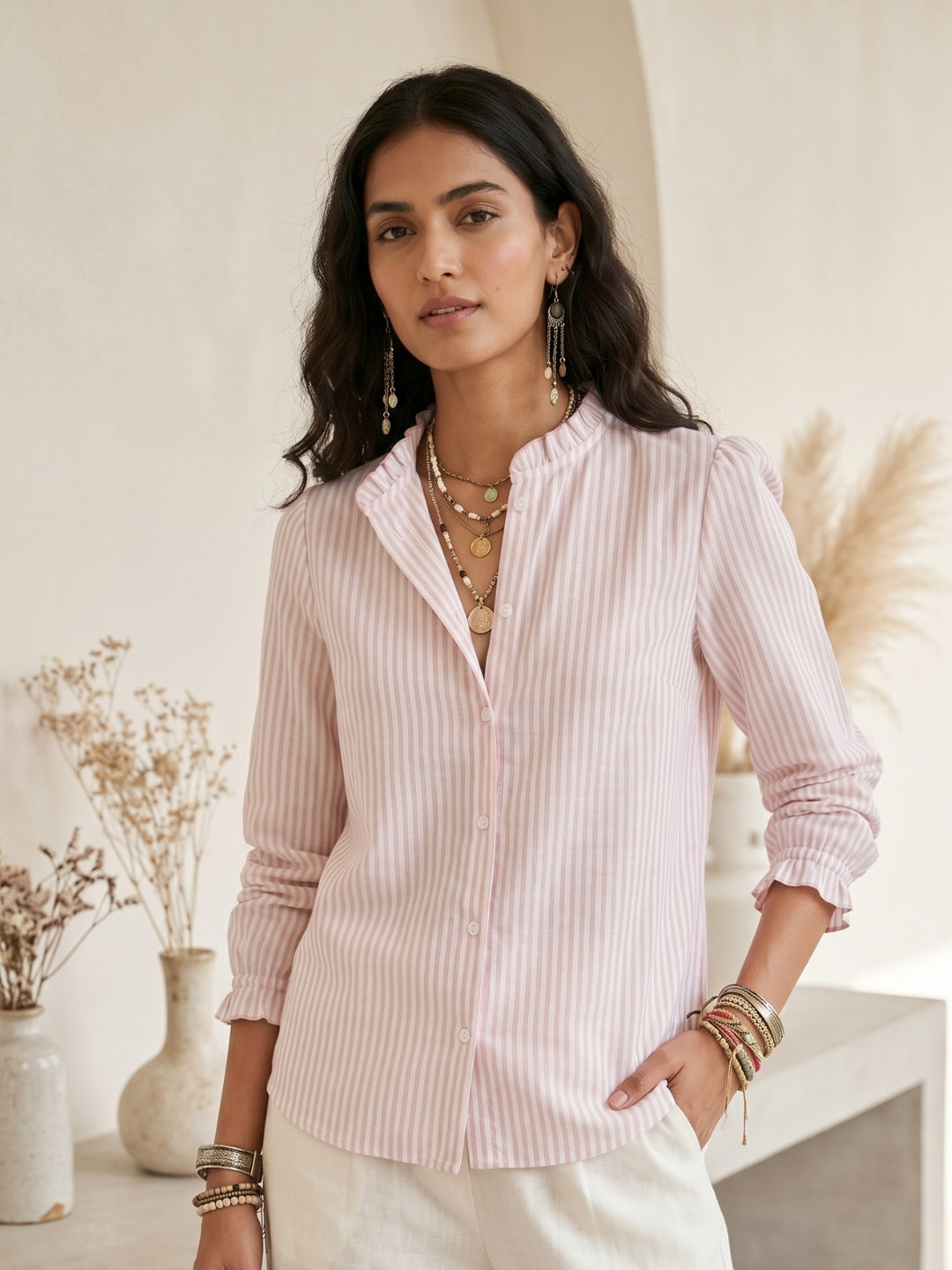 Evania blush cotton stripe shirt
