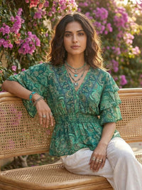 Elaris emerald paisley peplum top