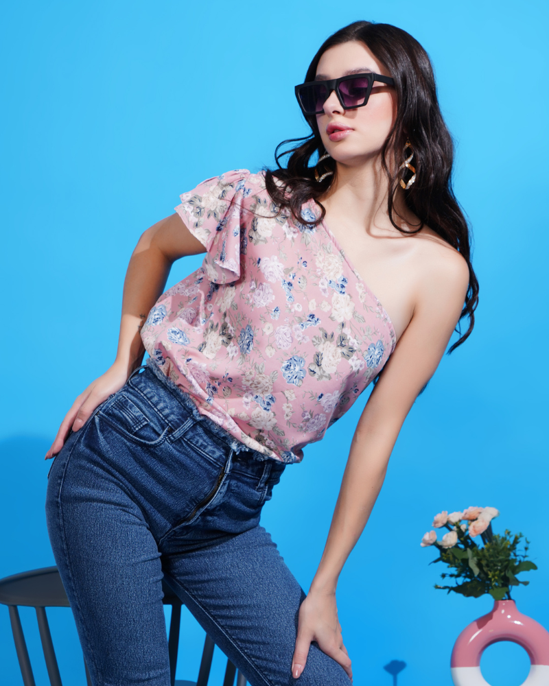 Pink flora one-shoulder beauty top