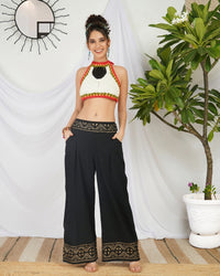Midnight bloom wide leg cotton trousers