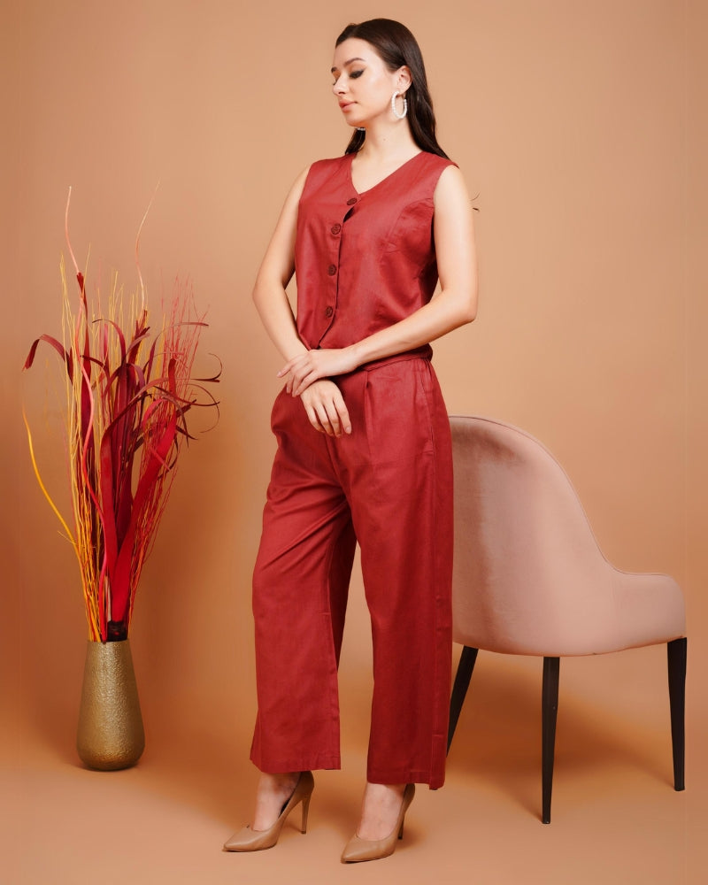 Rustic maroon cotton waistcoat co-ord set