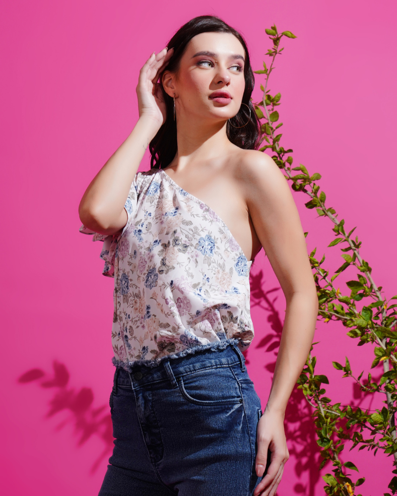 White flora one-shoulder stunner top