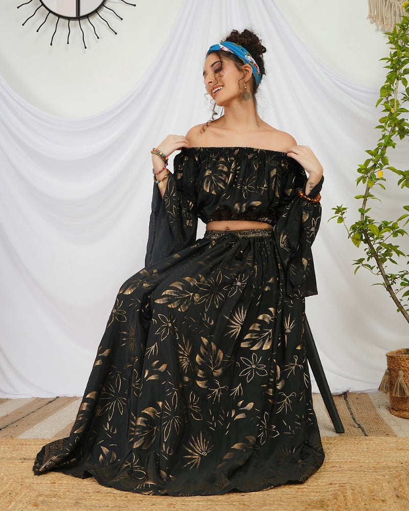 Amarielle black-gold boho skirt co-ord set