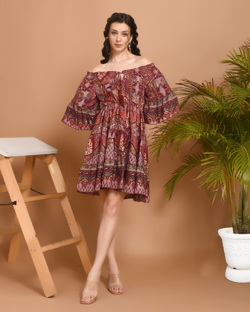 Carmine paisley off-shoulder short dress