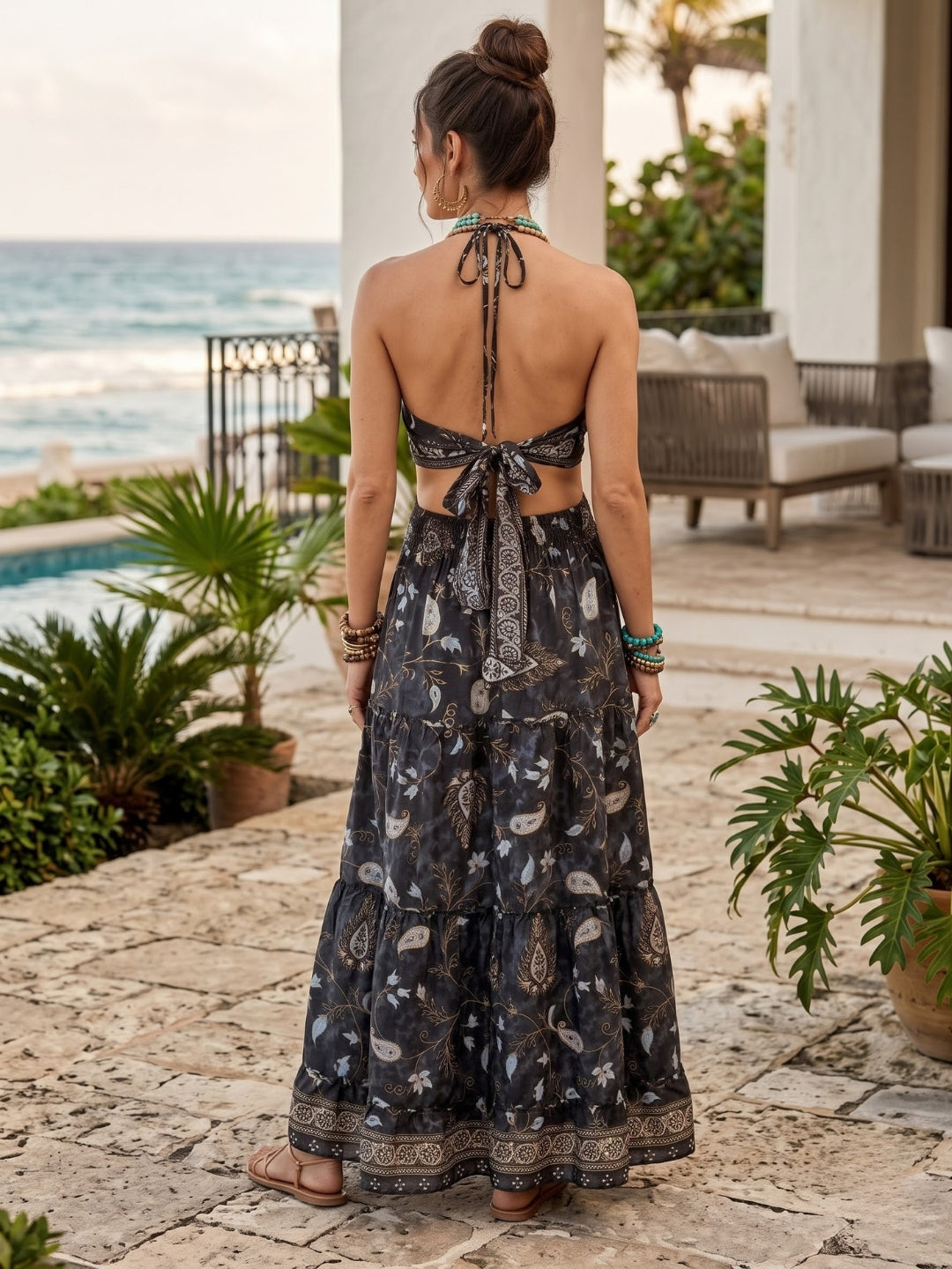 Shadow bloom halter boho maxi dress