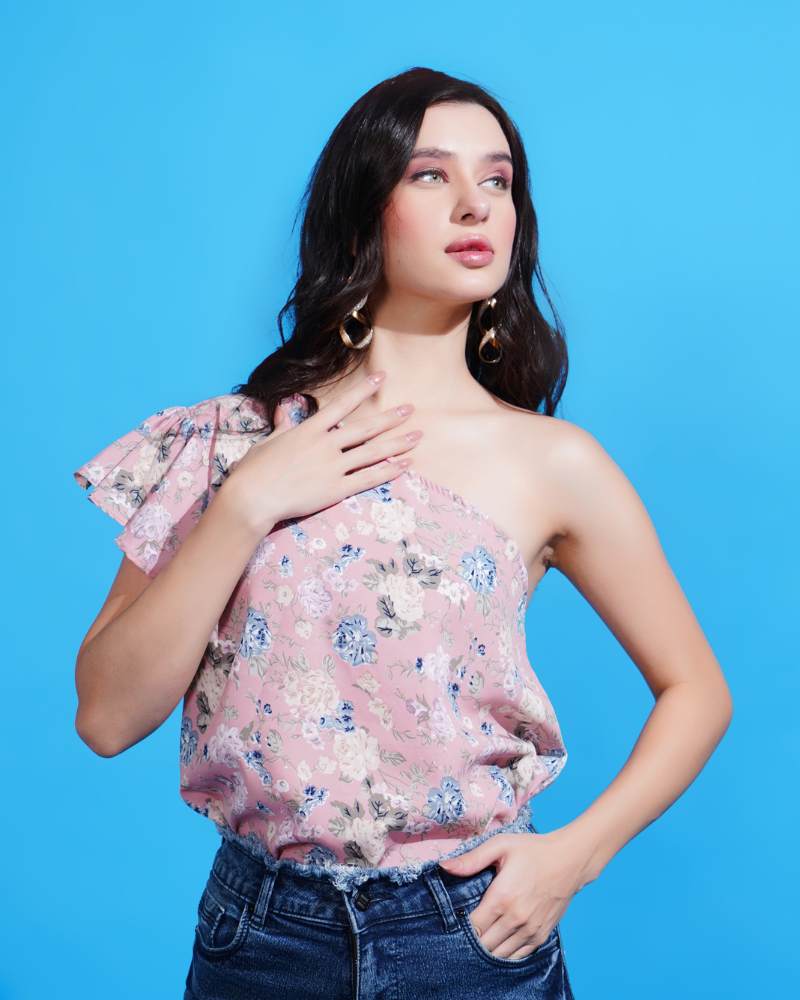 Pink flora one-shoulder beauty top