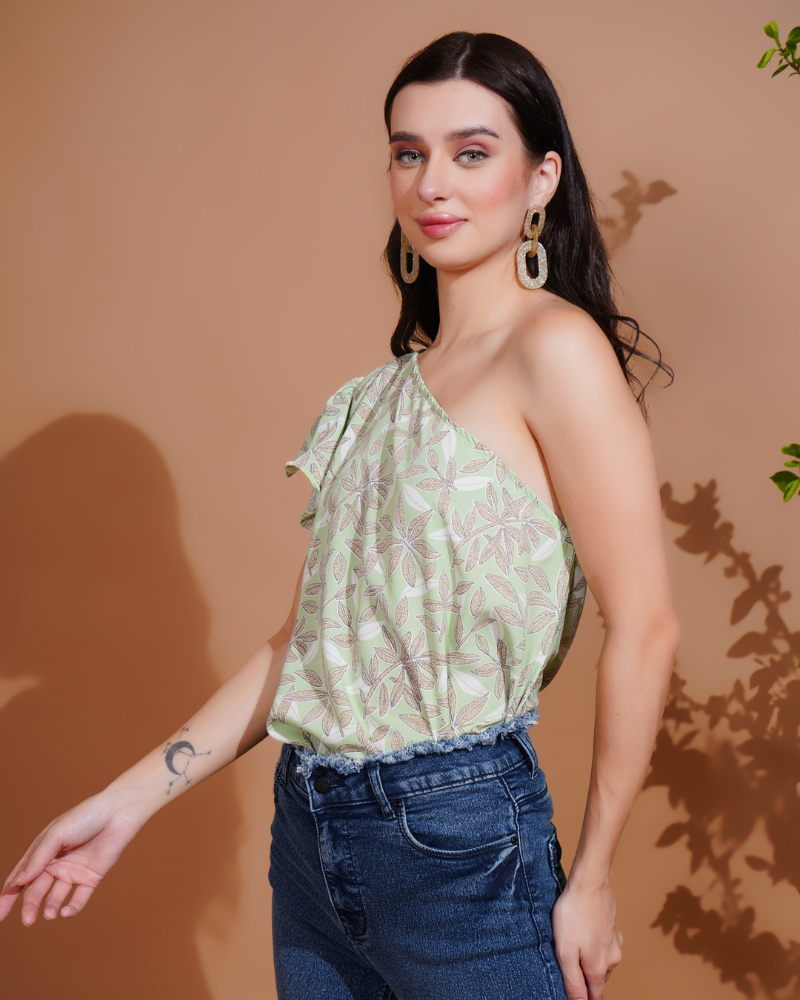 Green flora one-shoulder elegance top