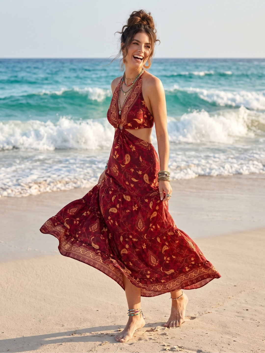 Sangria sunset halter boho maxi dress