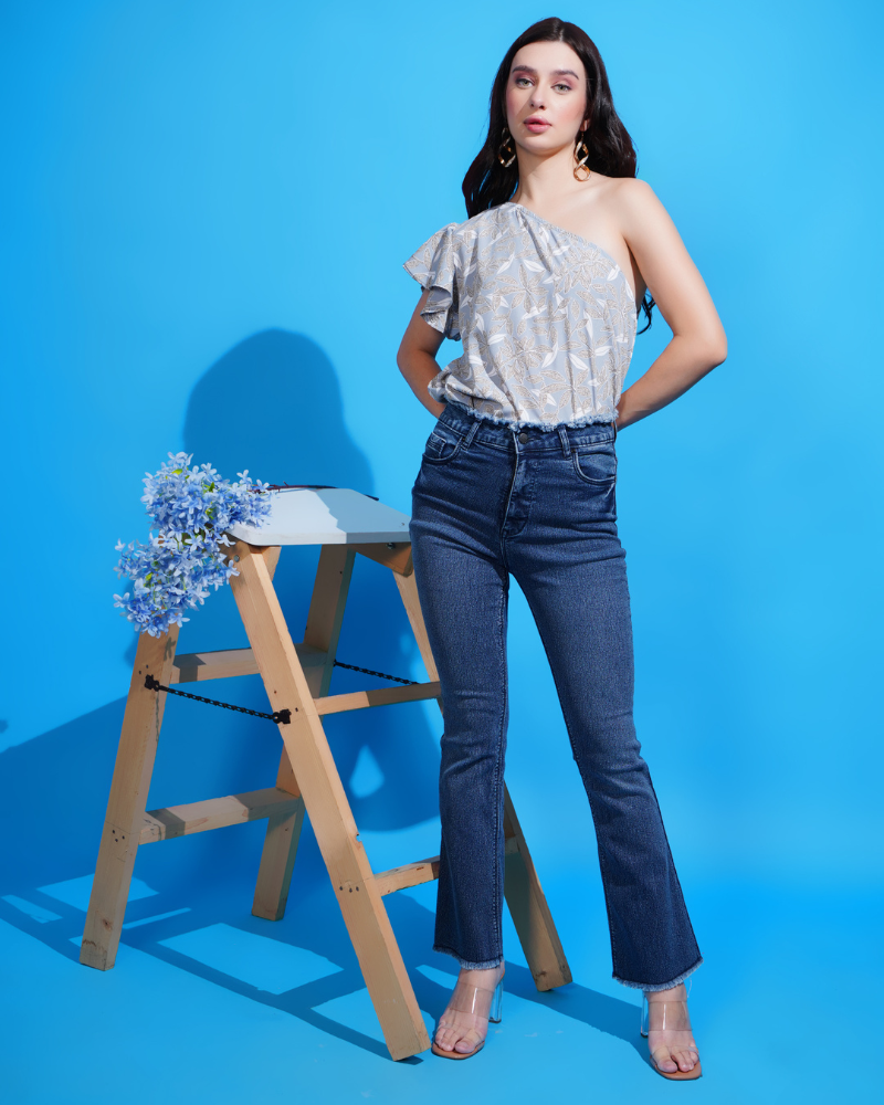 Floral elegance one-Shoulder grey top