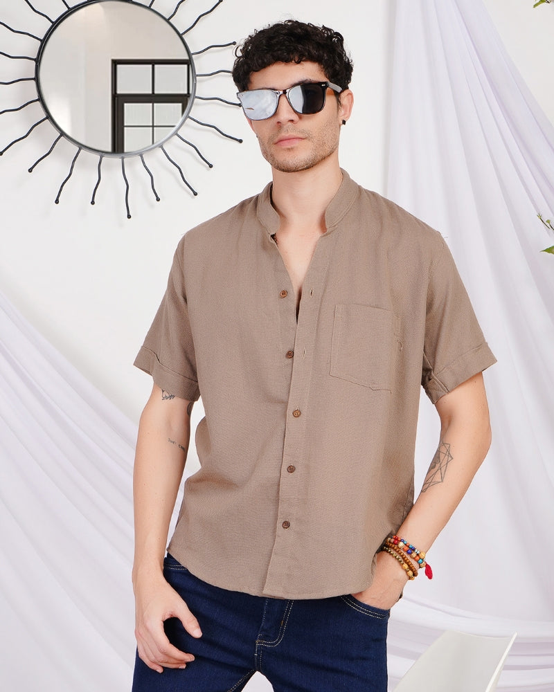 Keaton sandstone drift mandarin cotton shirt